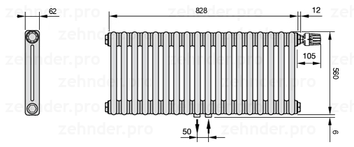 Схема (чертеж) Радиатор Zehnder Charleston 2056/18 №V008 Белый глянцевый RAL 9016